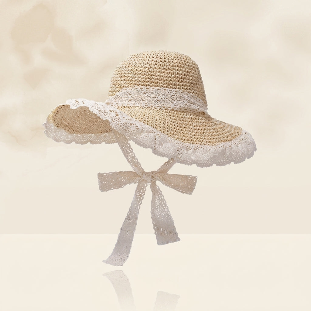 Lace Trim Straw Beach Sun Hat