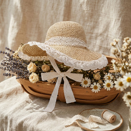 Lace Trim Straw Beach Sun Hat